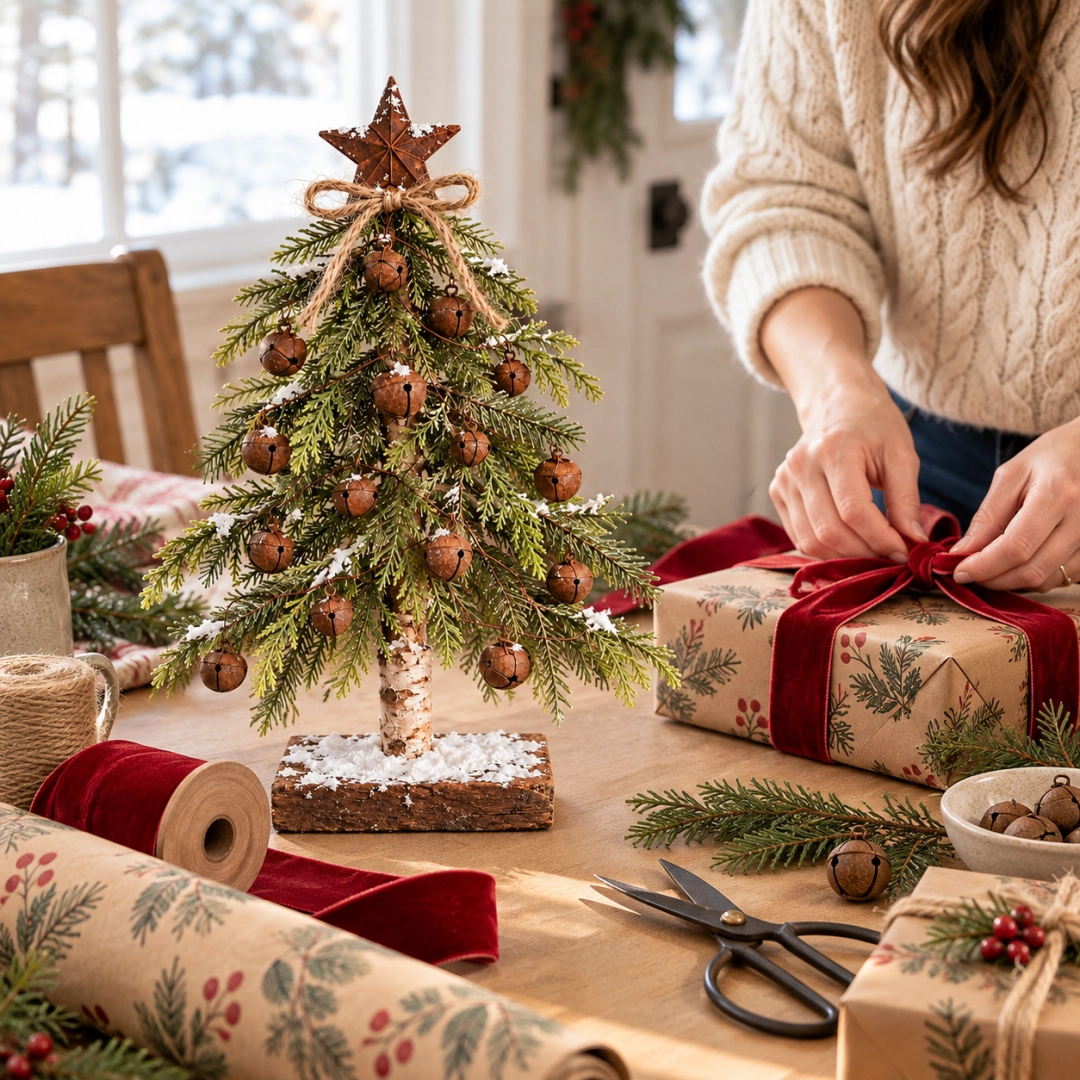 Rustic Christmas tabletop tree beside beautifully wrapped holiday presents