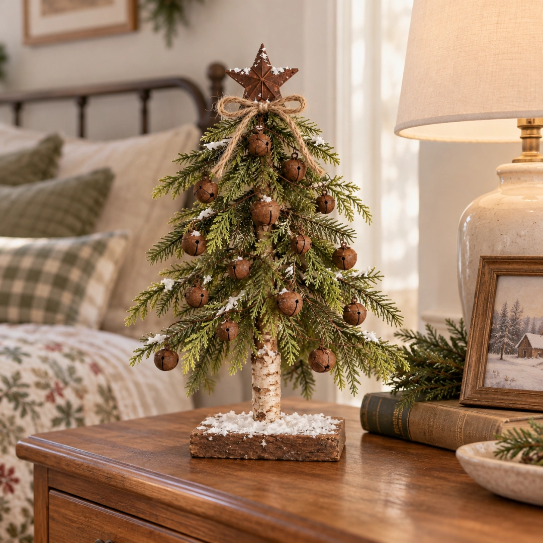 Cozy Christmas bedroom featuring a rustic miniature tabletop tree