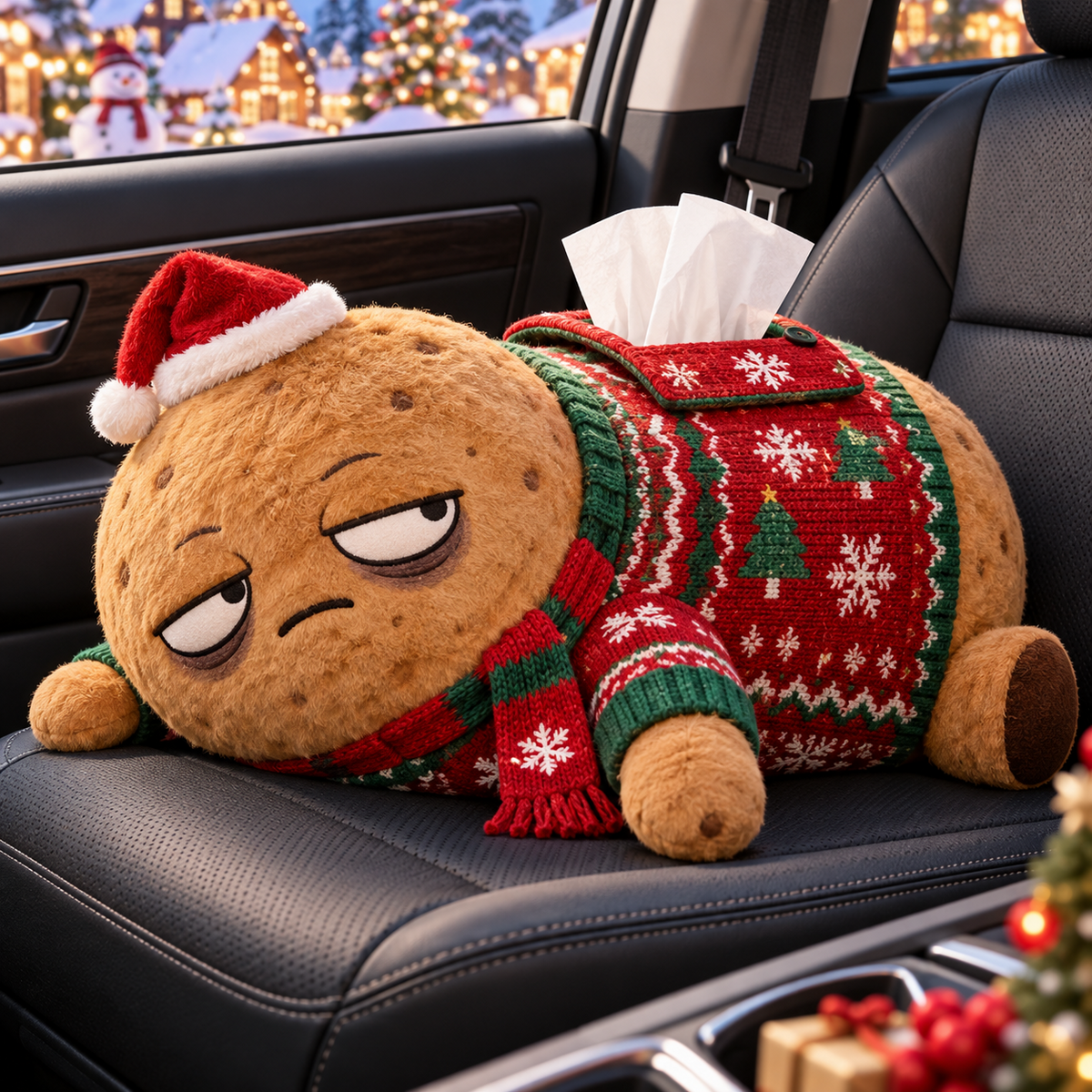 Funny sleepy potato Christmas plush-style tissue holder lying on a car seat wearing a Santa hat and festive red-green sweater