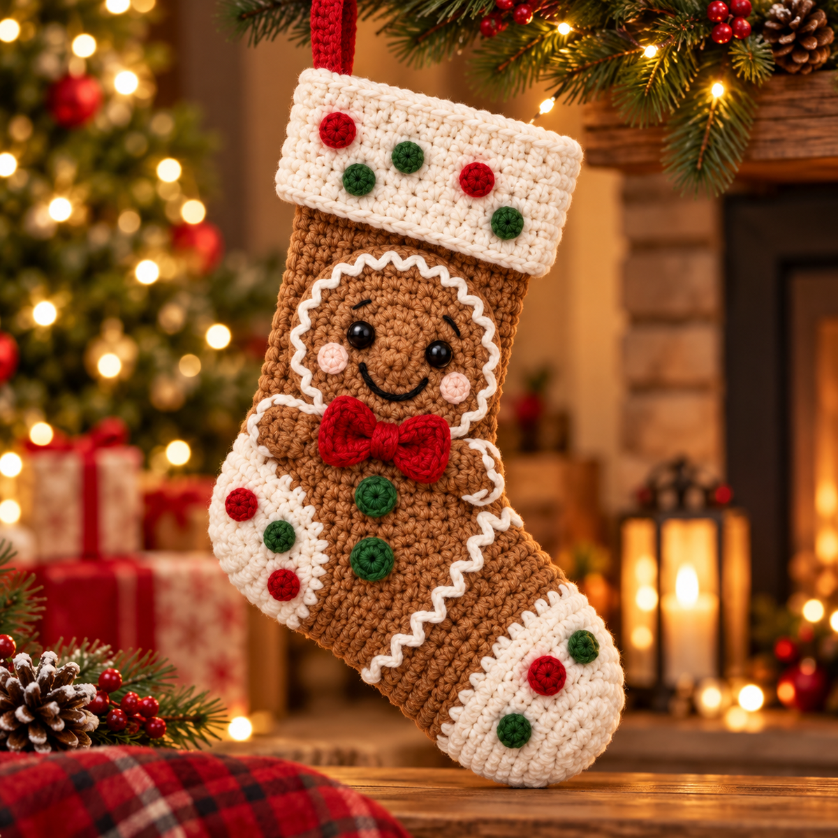 Brown gingerbread man crochet-style Christmas stocking with red bow tie and cream cuff by a cozy Christmas fireplace