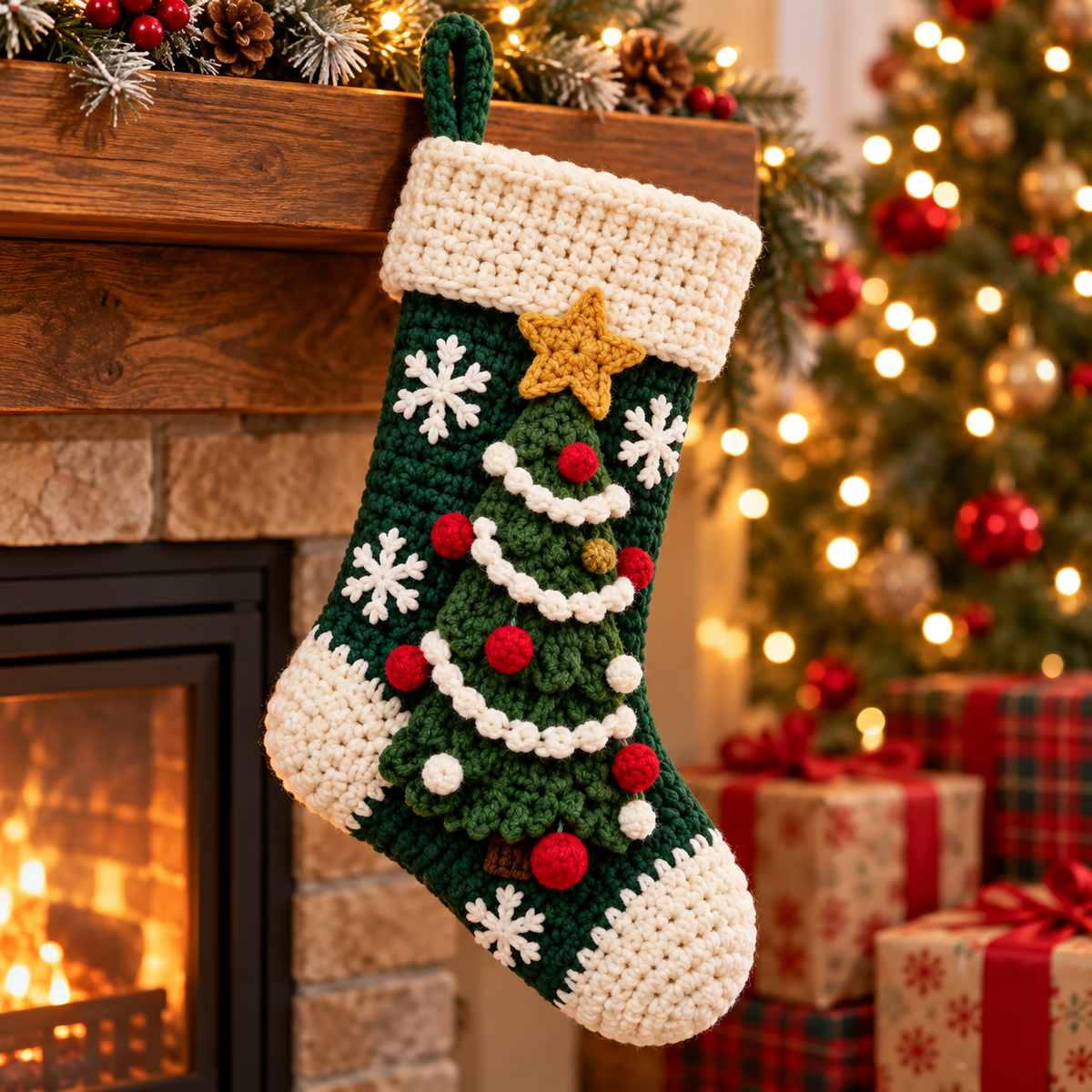 Green knitted-look Christmas tree stocking with golden star, colorful baubles, snowflake embroidery style detail and white cuff