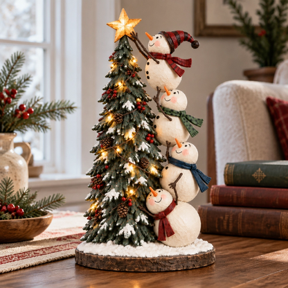 Snowmen Topping the Christmas Tree – Lighted Christmas Figurine
