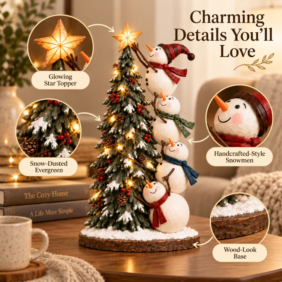 Detailed product image showing glowing star topper, snow-dusted Christmas tree branches, red berries, snowmen faces and rustic wood-look base