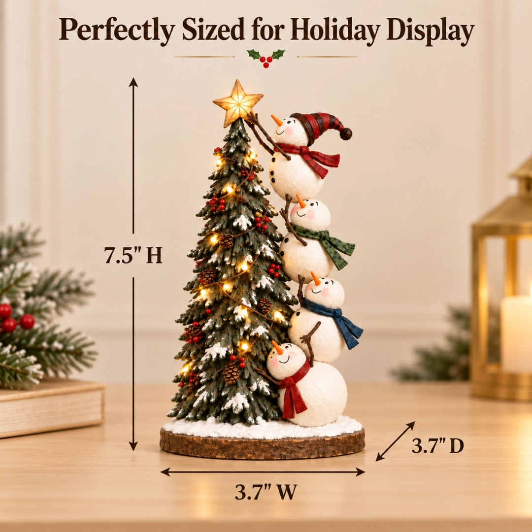 Official size guide showing the snowmen Christmas tree figurine measures approximately 7.5 inches high, 3.7 inches wide and 3.7 inches deep