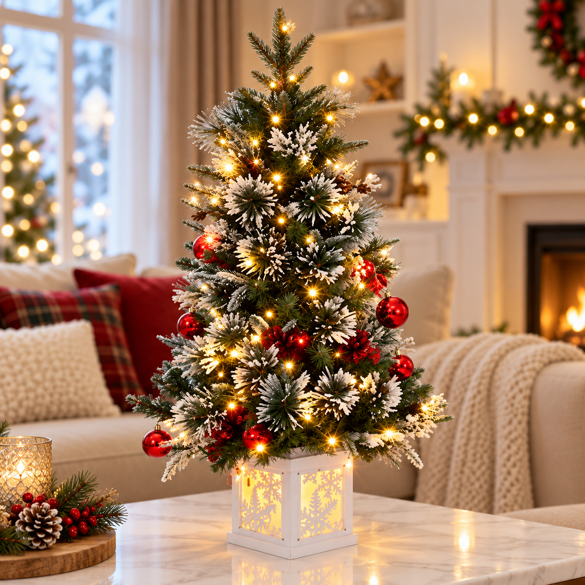 Snow-kissed tabletop artificial Christmas tree with warm glowing lights, red ornaments and a decorative white lantern base in a cozy living room