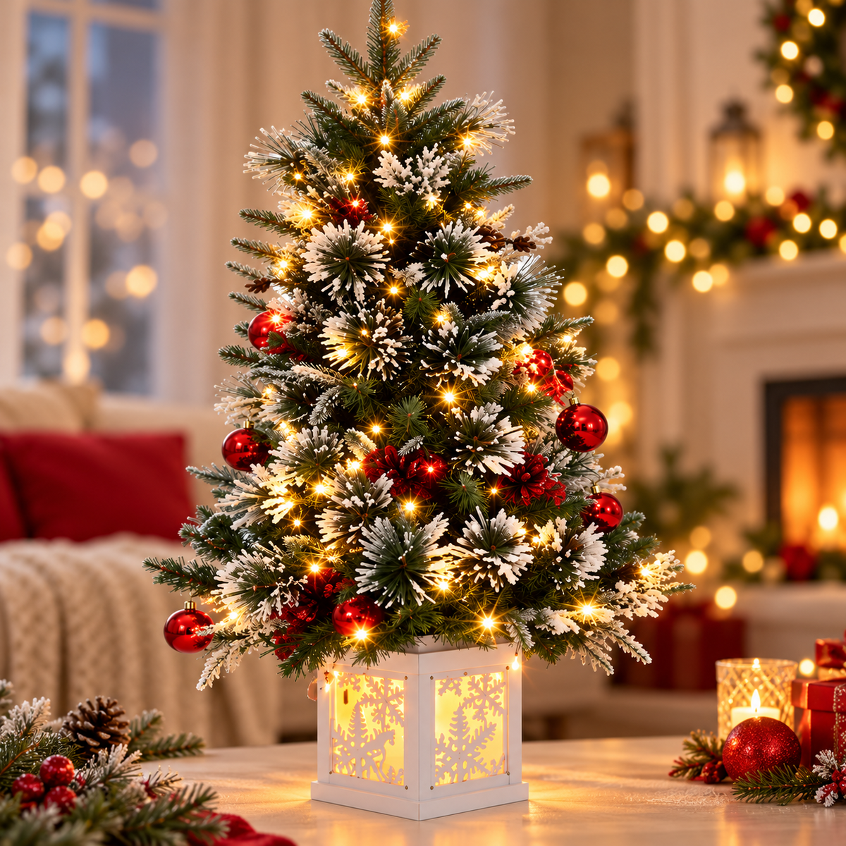 Close view of artificial Christmas tree with snow-frosted branches, shiny red baubles, warm lights and an illuminated lantern-style base
