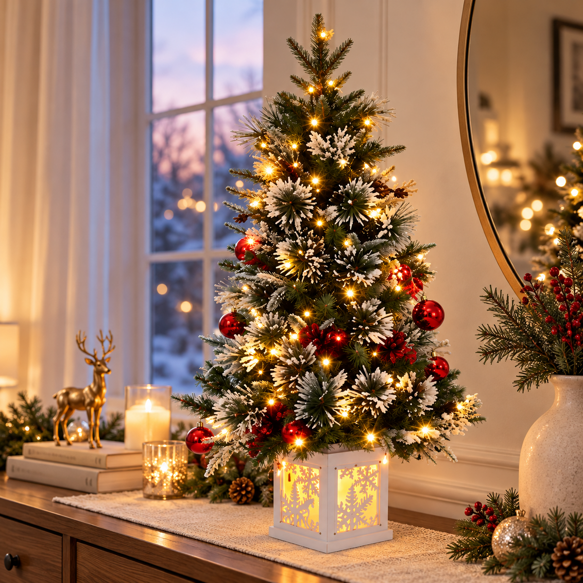 Snow-kissed Christmas tabletop tree on a decorative console table by a window, with warm lights, red baubles and glowing lantern base