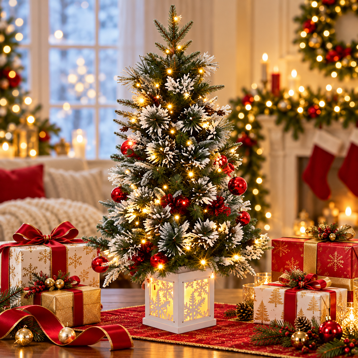 Glowing artificial tabletop Christmas tree with red baubles and white lantern base surrounded by wrapped Christmas presents
