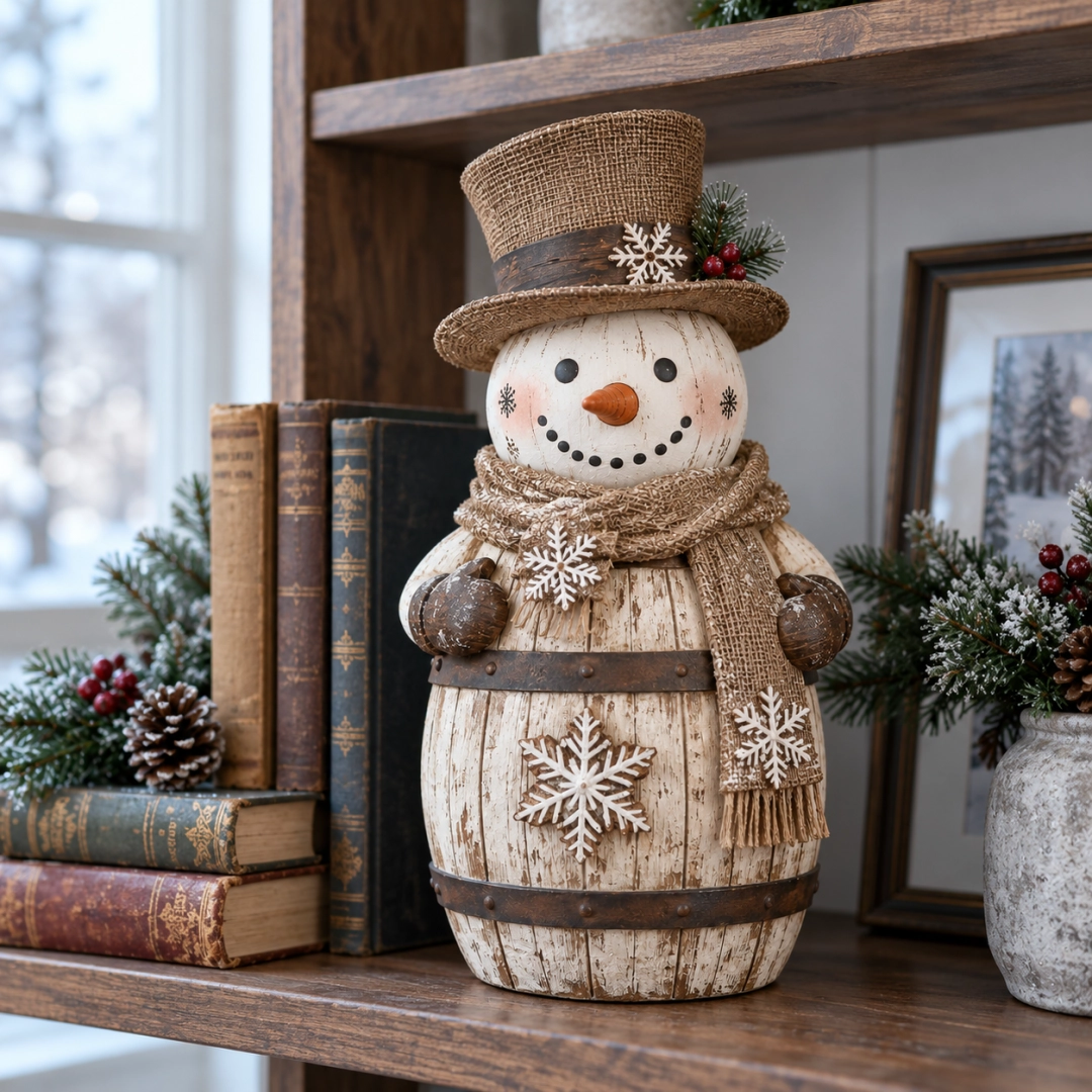 Detailed whitewashed barrel snowman with antique-style barrel bands, snowflakes, burlap-look scarf and rustic hat