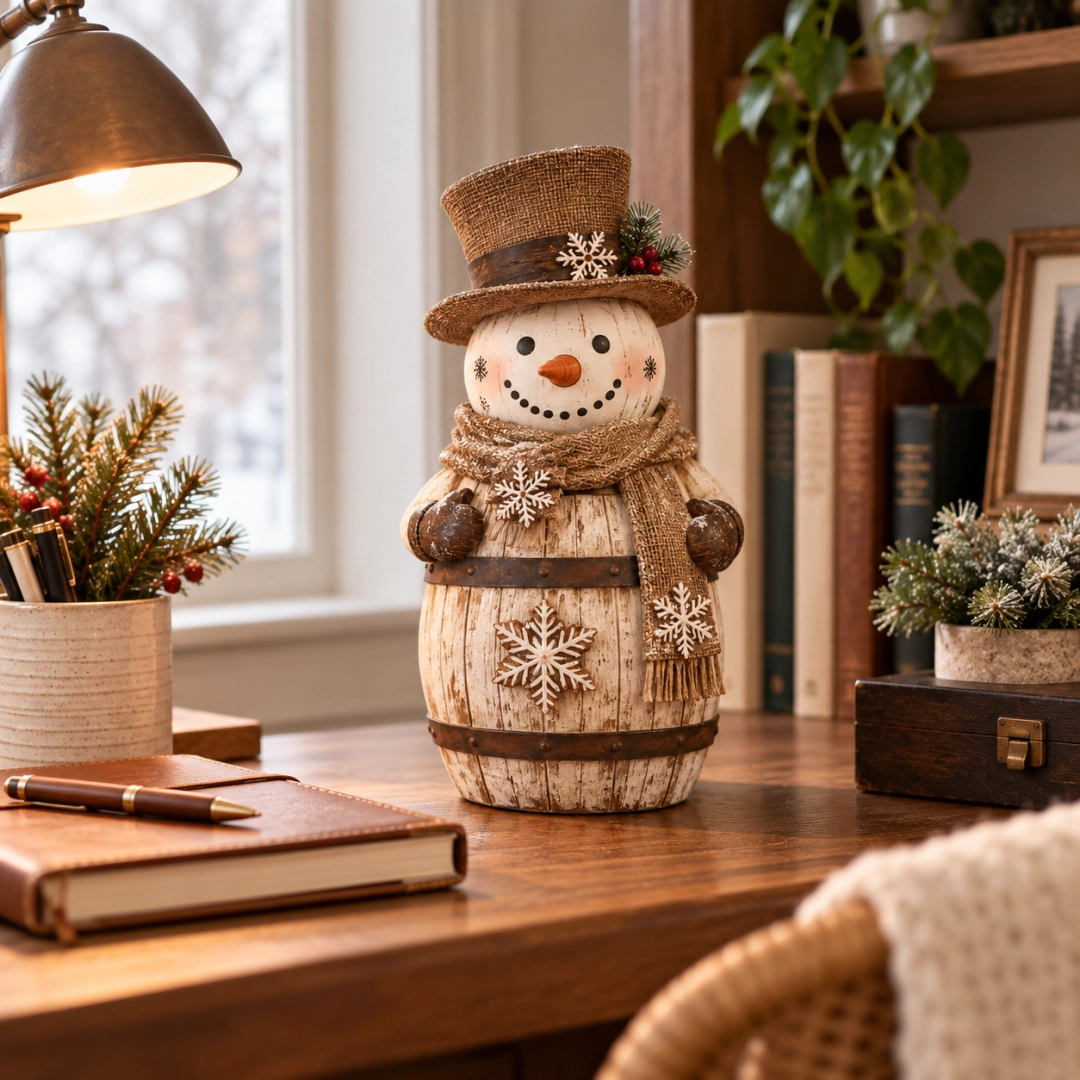 Rustic snowman decoration styled on a farmhouse writing desk with books, pine greenery and warm desk lighting