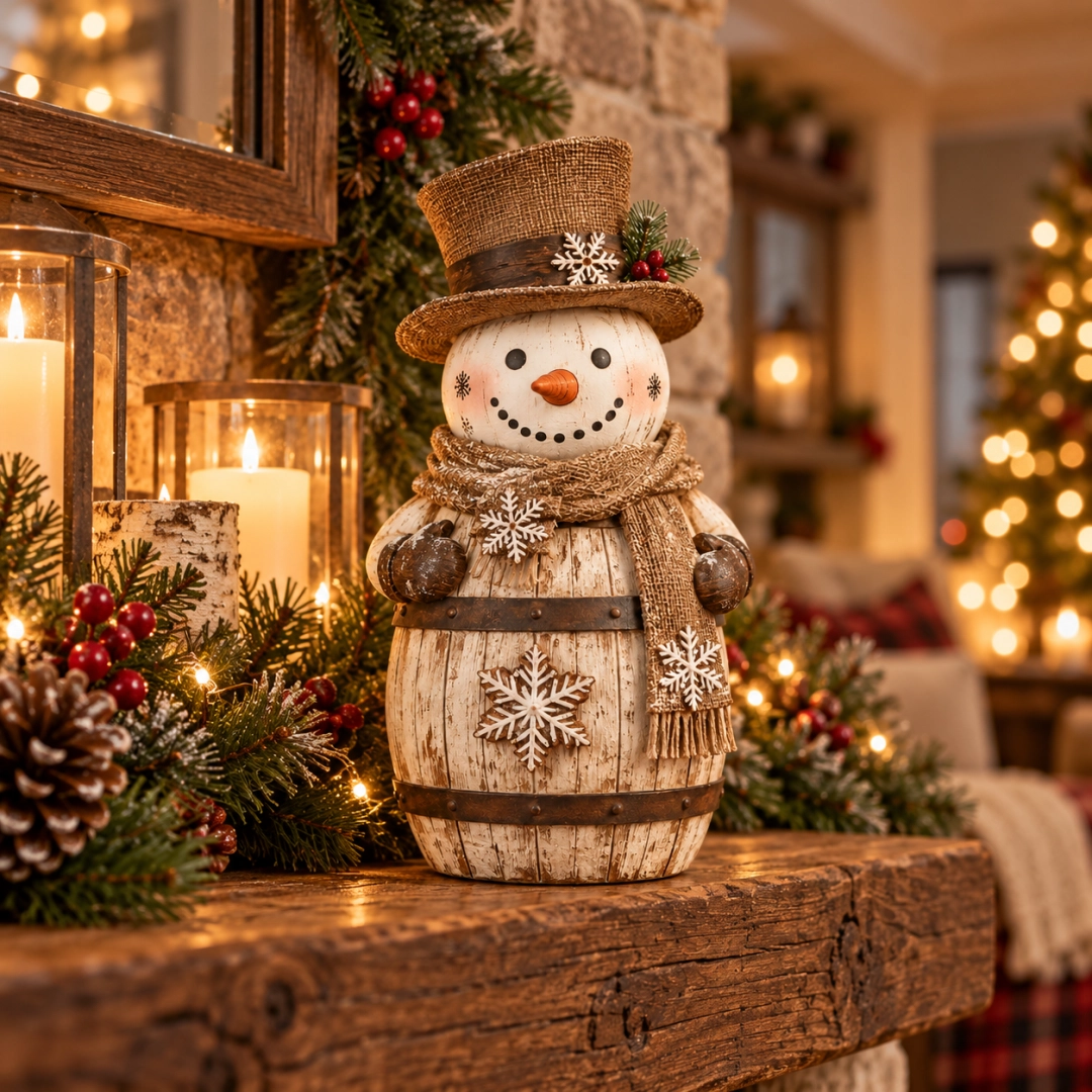 Vintage barrel snowman figurine displayed among Christmas greenery and candles on a rustic wooden mantel