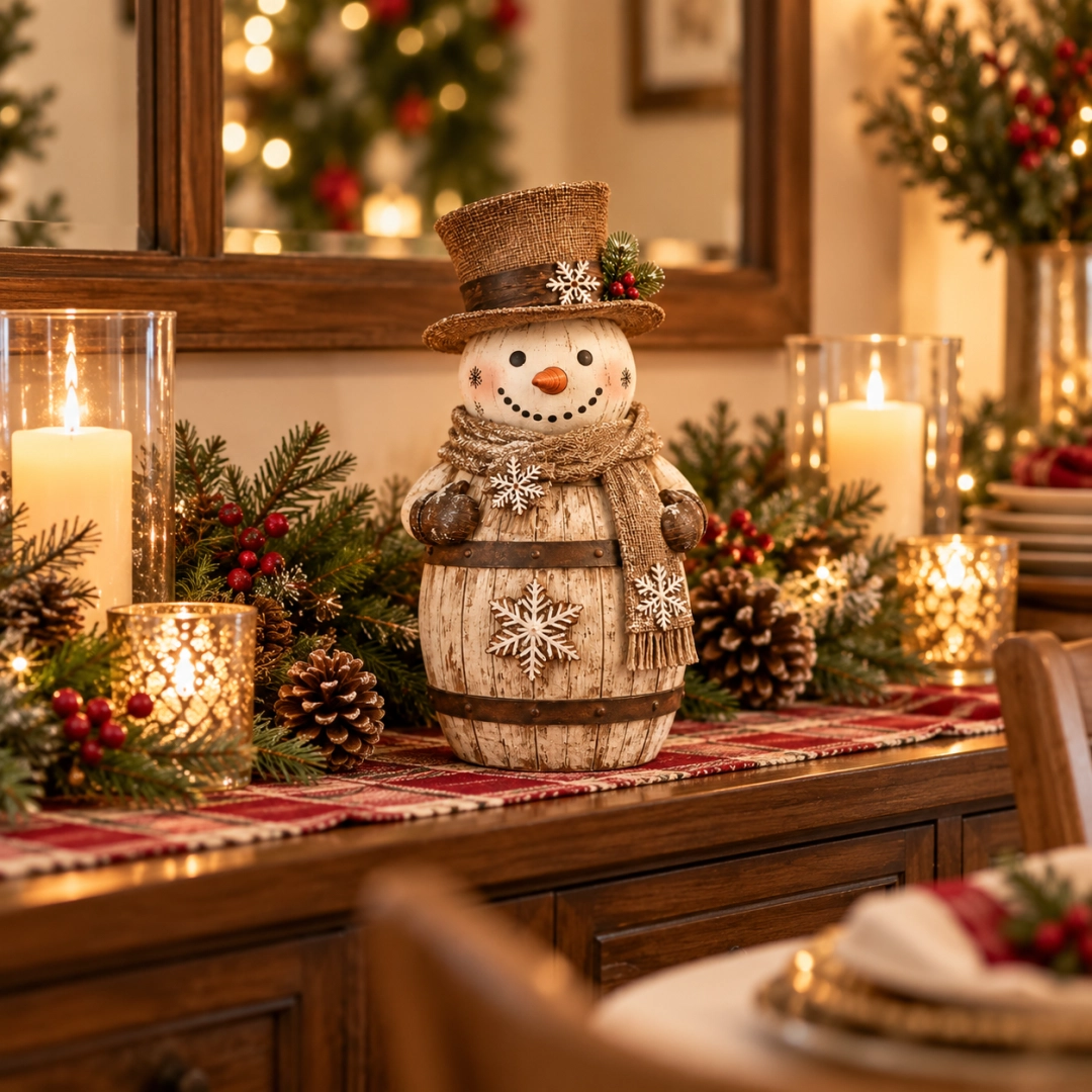 Whitewashed barrel snowman displayed on an elegant farmhouse buffet with Christmas candles, pinecones and festive greenery