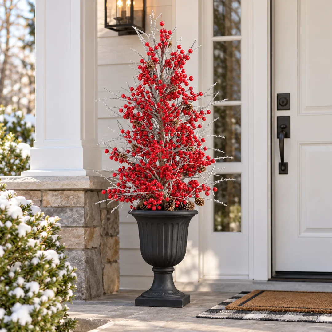 Pre-Lit Frosted Red Berry Christmas Urn Filler