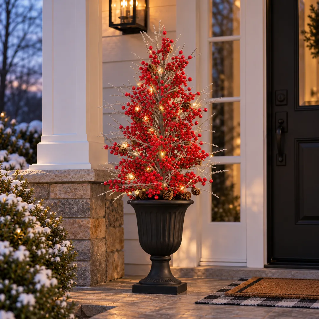 Pre-Lit Frosted Red Berry Christmas Urn Filler