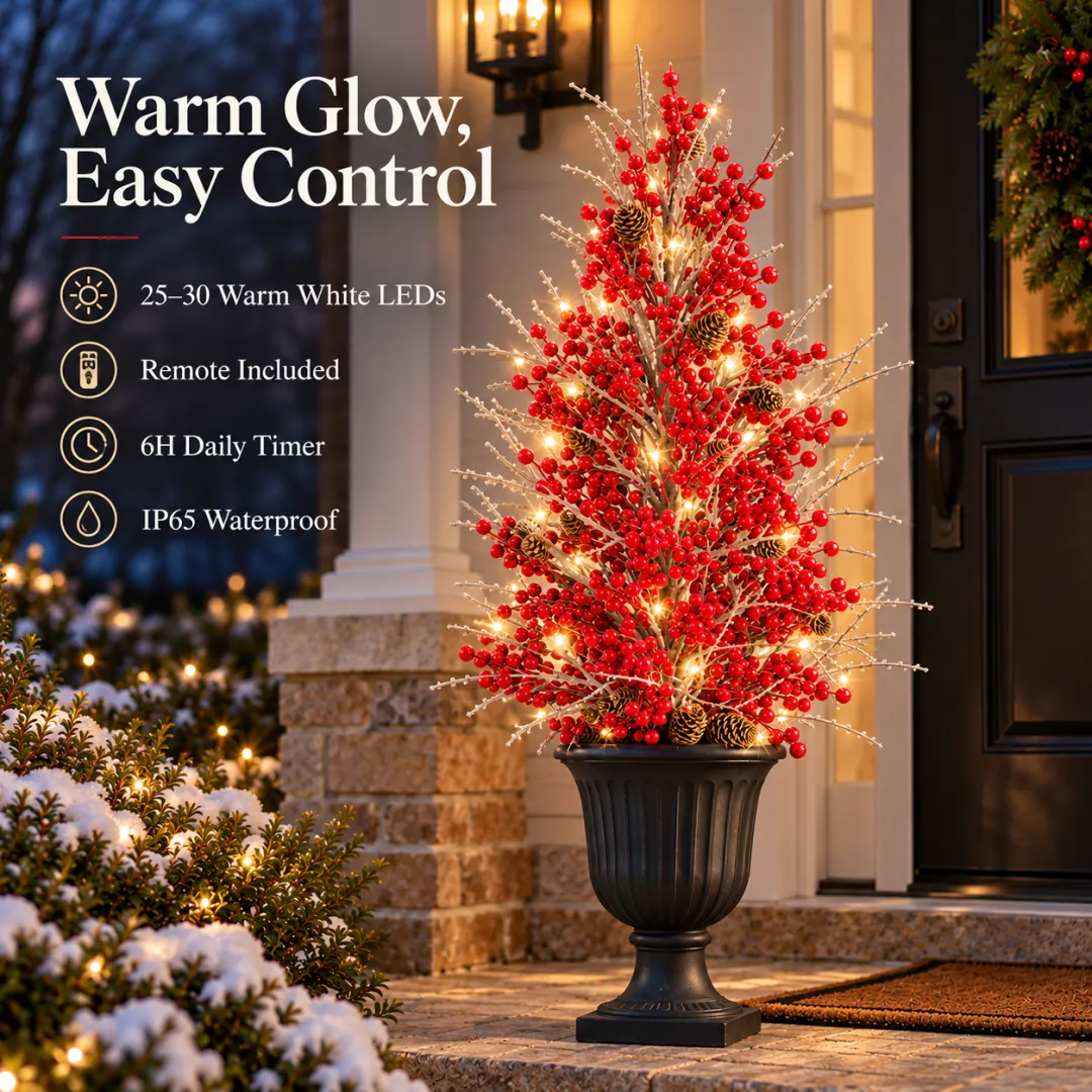 Pre-Lit Frosted Red Berry Christmas Urn Filler