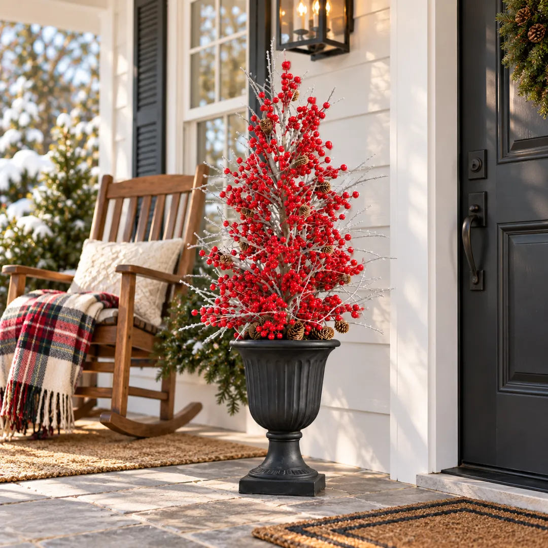 Frosted red berry Christmas urn filler displayed beside a rocking chair on a cozy winter porch