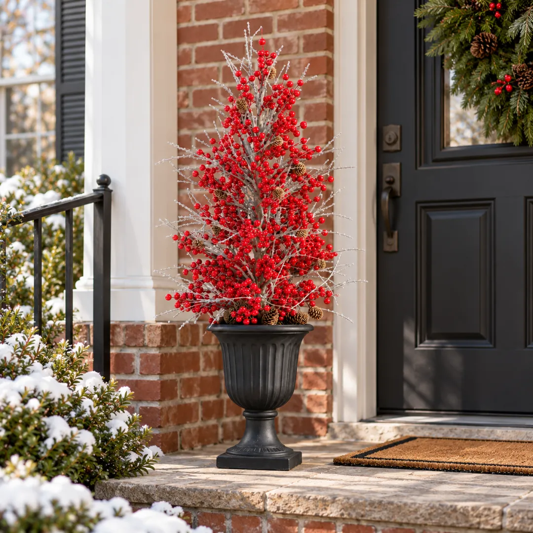 Pre-Lit Frosted Red Berry Christmas Urn Filler