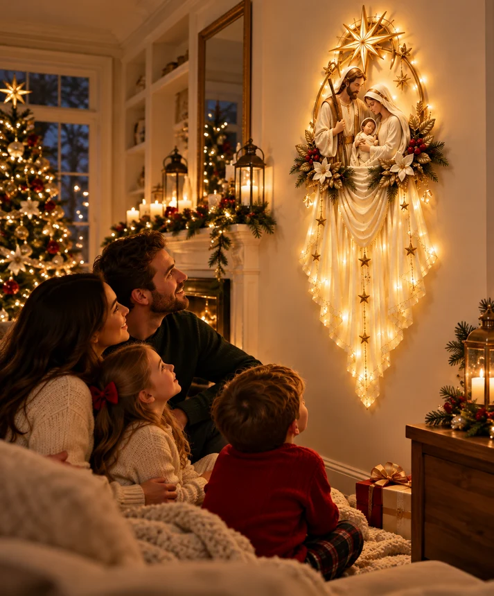 A family admiring the illuminated Holy Family Nativity wall hanging in a warm Christmas living room