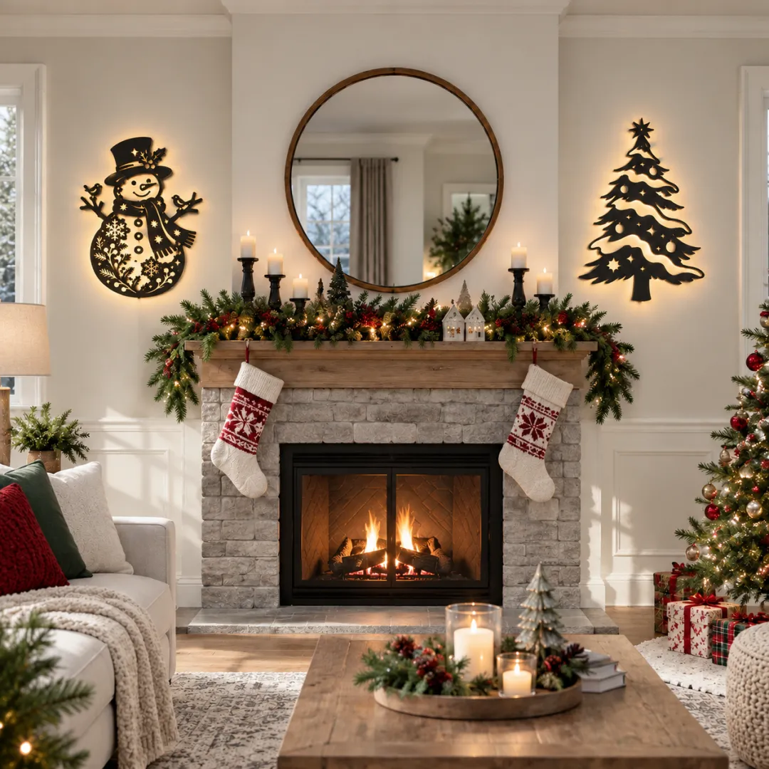 Christmas tree and snowman wall lights glowing beside a decorated fireplace and Christmas stockings