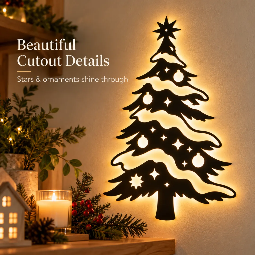 Close-up of Christmas tree wall light with intricate star cutouts and warm white light shining around the silhouette