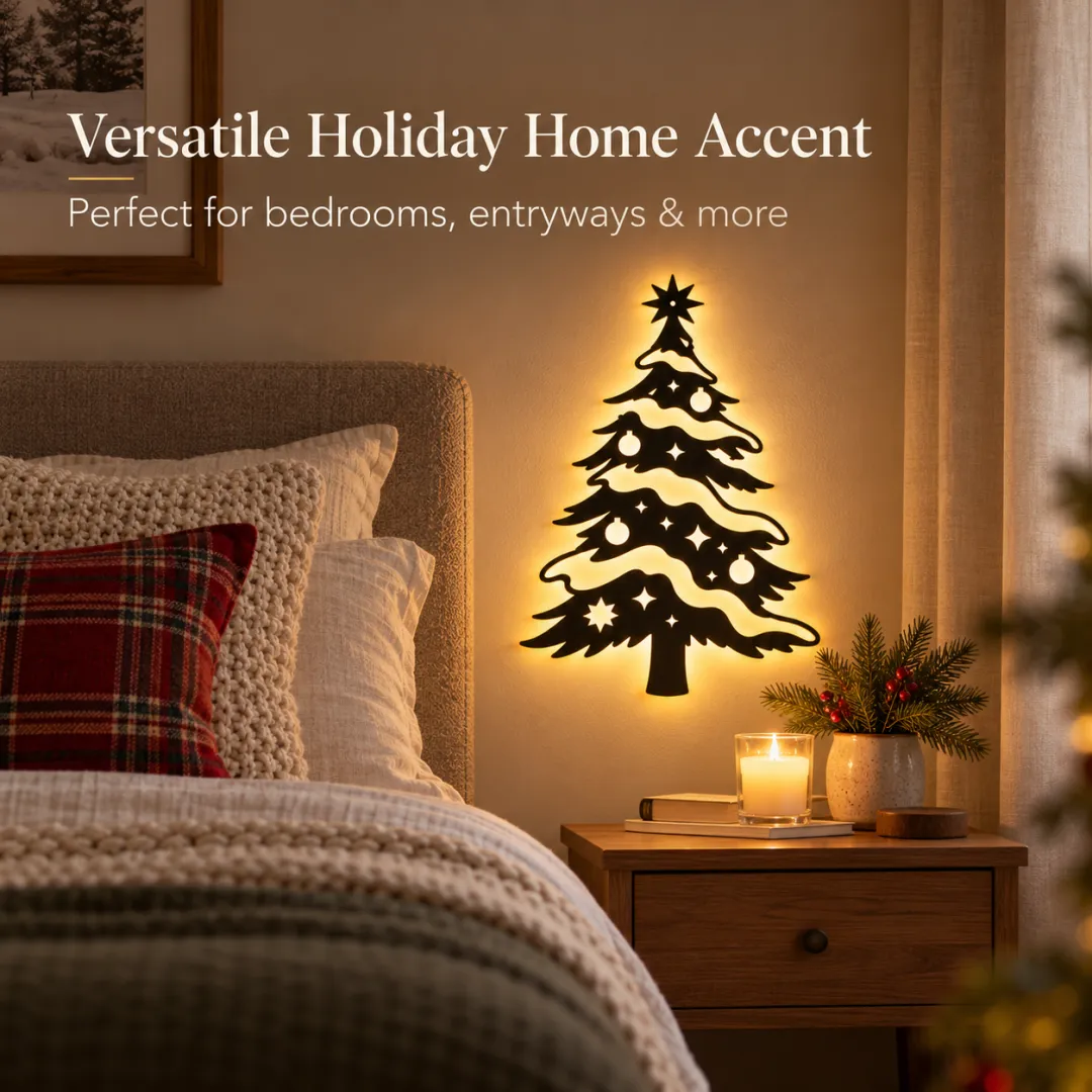 Warm illuminated Christmas tree wall light beside a bedroom nightstand and plaid Christmas pillow