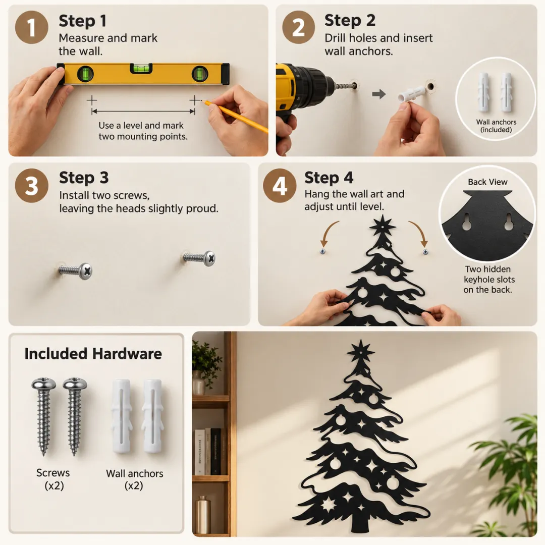 Four-step mounting guide for Christmas tree wall light showing wall marking, wall anchors, screws and rear keyhole slots