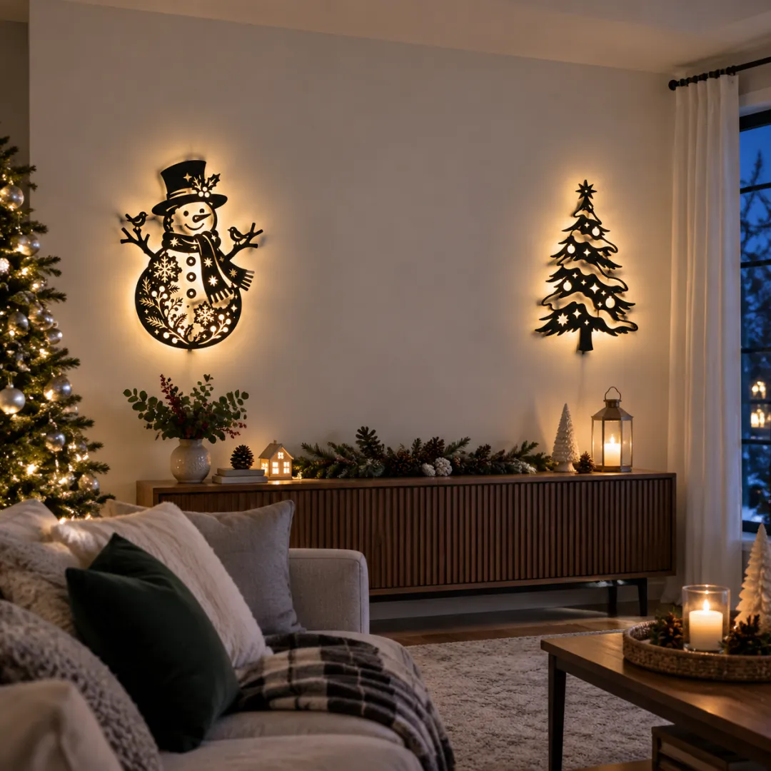Tree and snowman wall lights shown together above a festive living room console