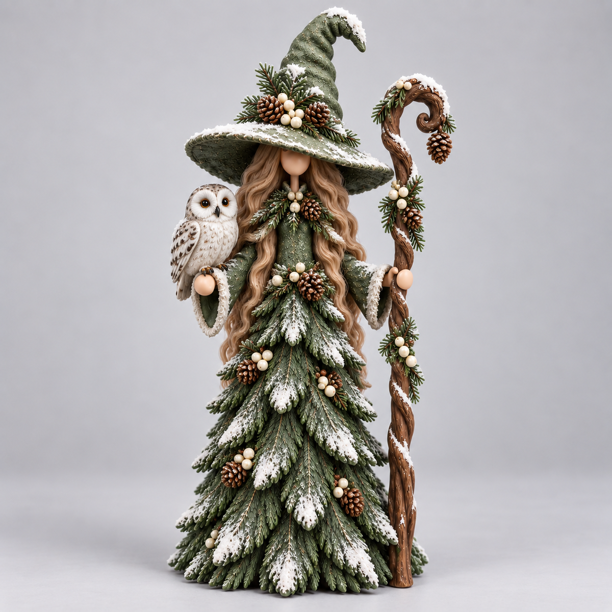 Woodland Keeper green Christmas witch with snowy owl