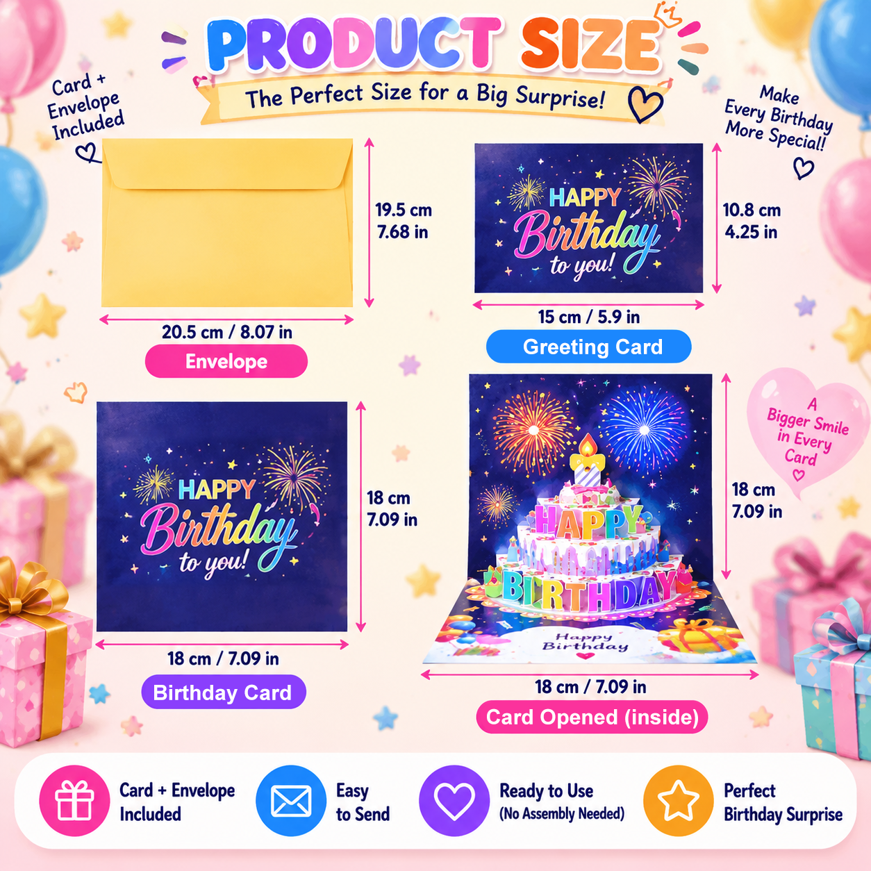 🎂Birthday Cards With Fireworks & Pop Up Cake & Blowable Light and Music