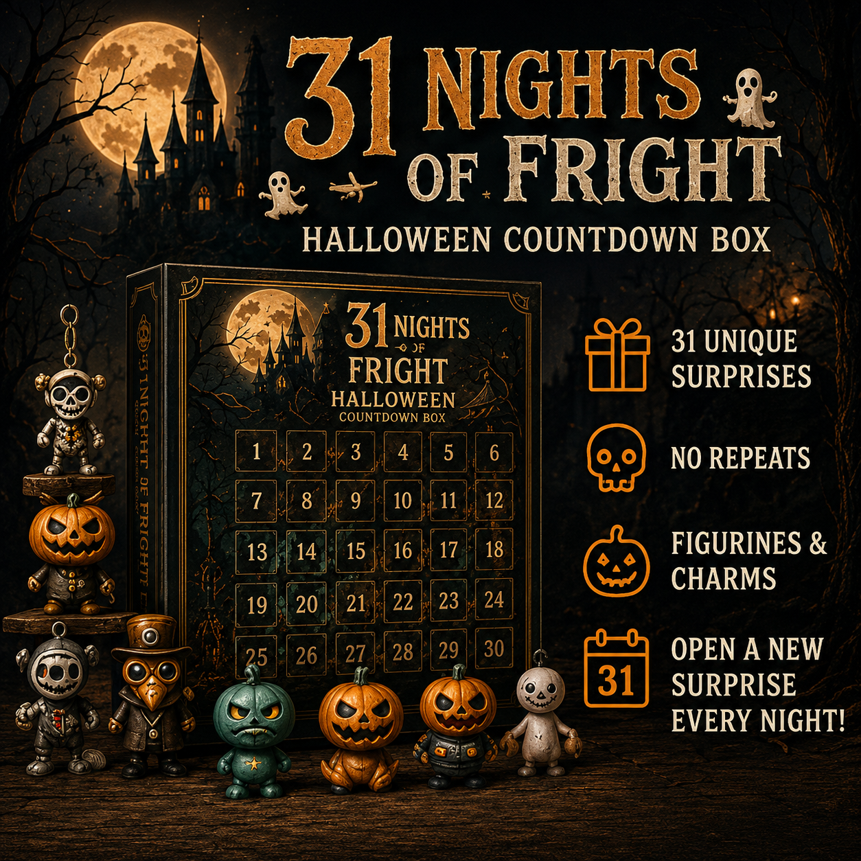 🎉🎃 31 Nights of Fright Halloween Countdown Box | 31 Unique Mini Figurines, Hanging Charms & Spooky Collectibles with No Repeats 👻✨