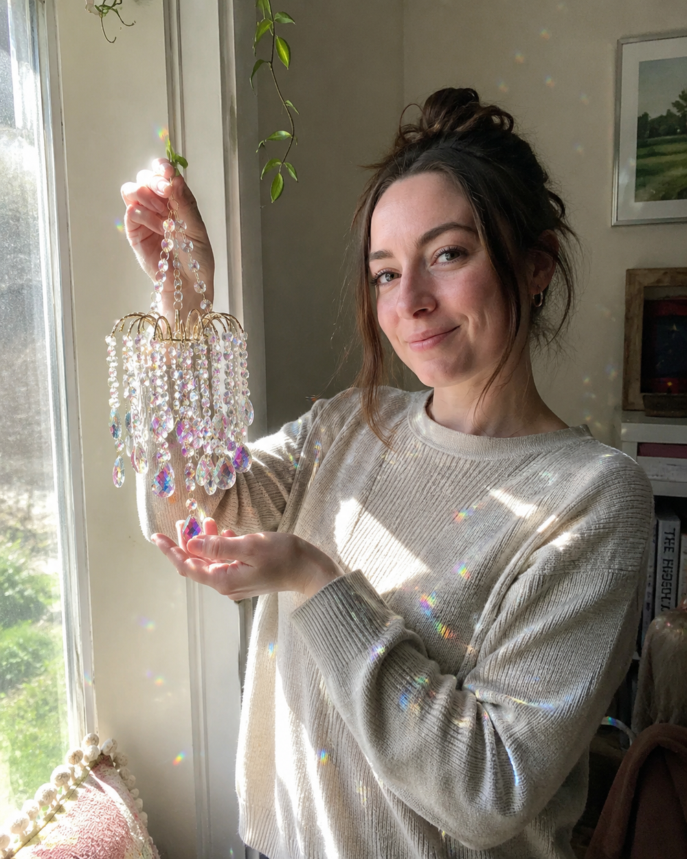 Woman holding Rainbow Crystal Sun Catcher beside a window