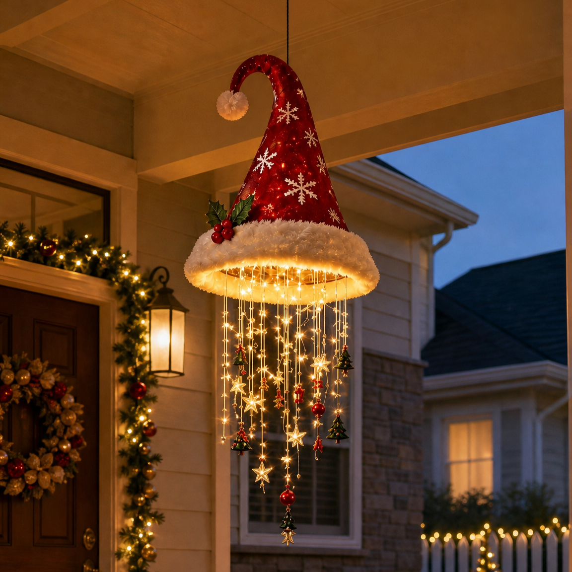 🎅 Lighted Santa Hat Hanging Chandelier 🎄 | 5 Styles Warm LED Christmas String Light | Indoor Outdoor Porch Holiday Decor Gift