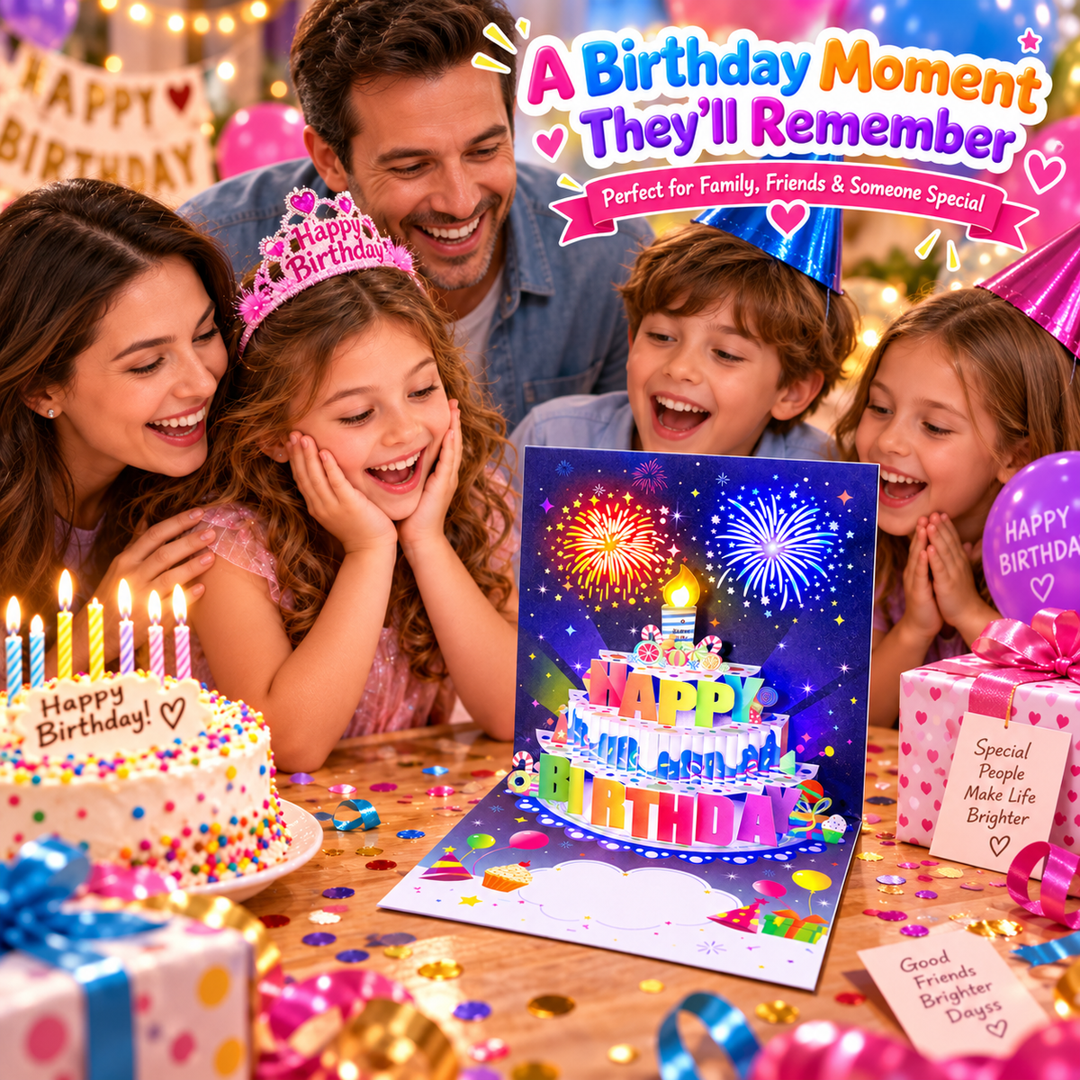 🎂Birthday Cards With Fireworks & Pop Up Cake & Blowable Light and Music