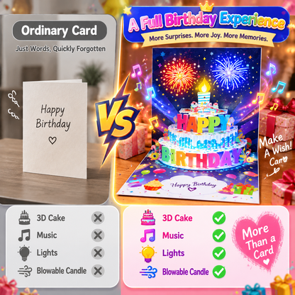 🎂Birthday Cards With Fireworks & Pop Up Cake & Blowable Light and Music