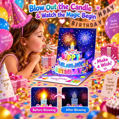 🎂Birthday Cards With Fireworks & Pop Up Cake & Blowable Light and Music