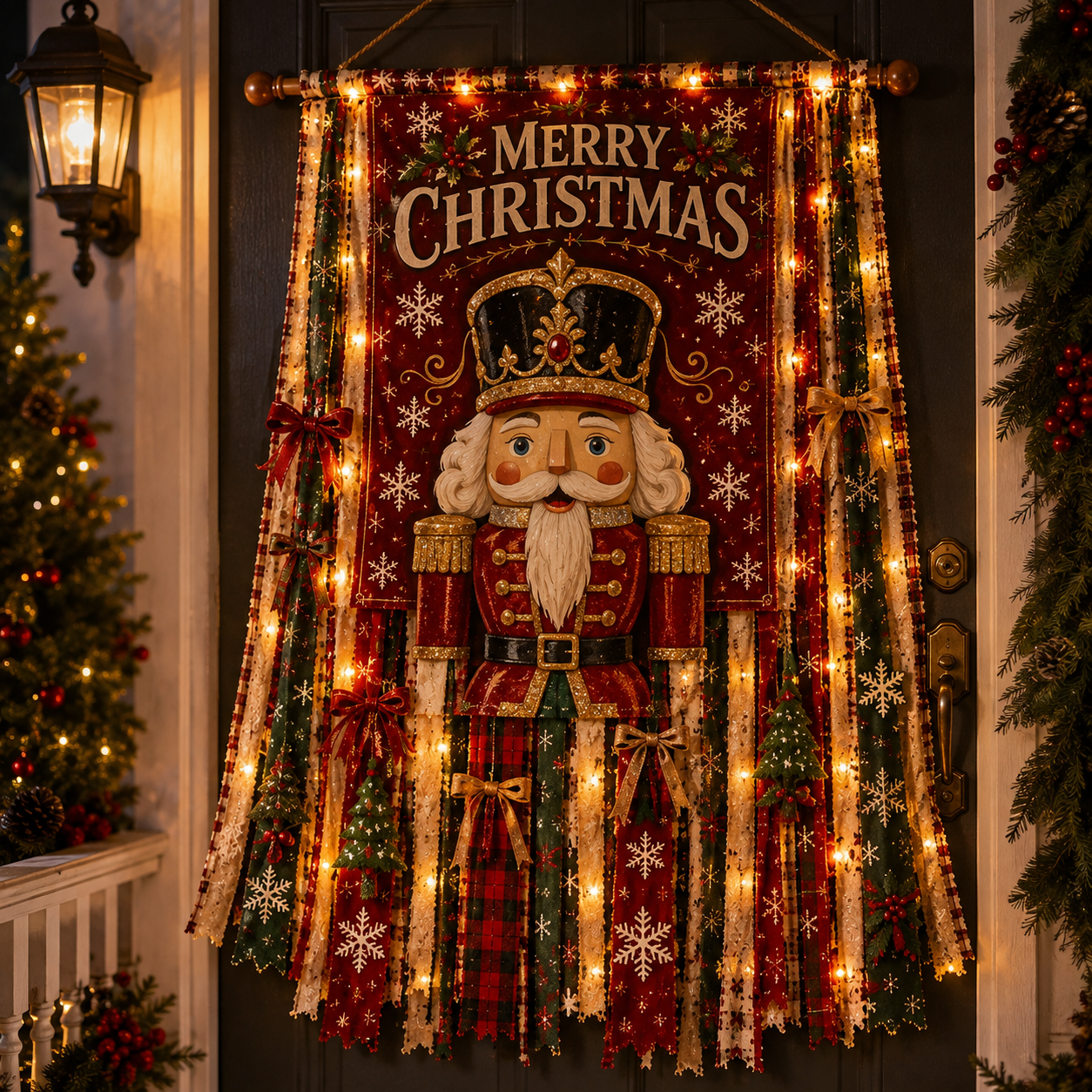 Lighted Nutcracker Christmas Door Hanging Decor glowing at night