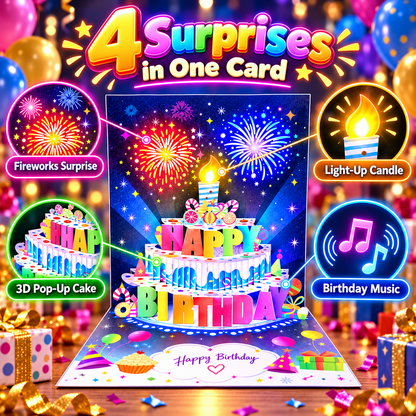🎂Birthday Cards With Fireworks & Pop Up Cake & Blowable Light and Music