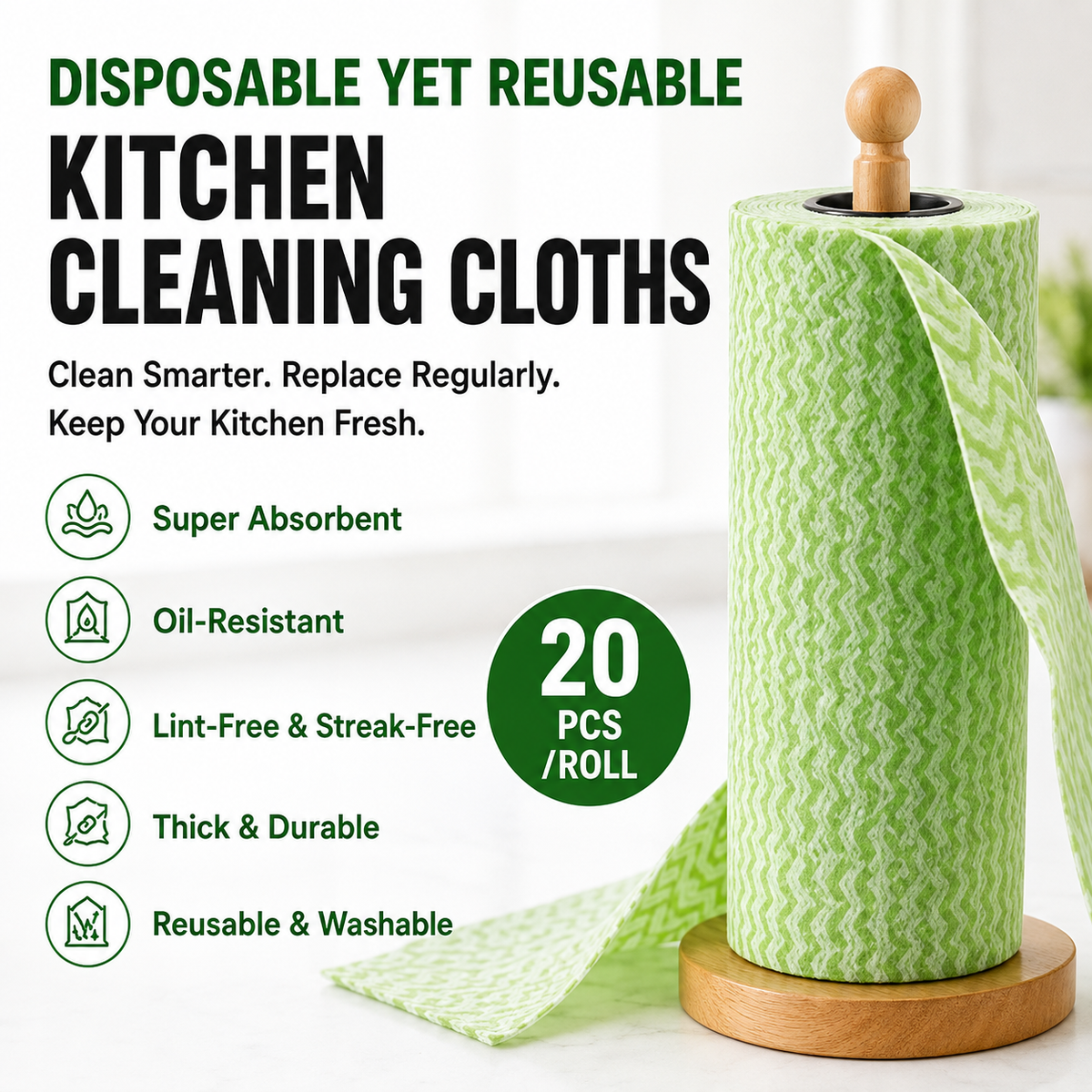 Reusable Kitchen Cleaning Cloths – 20-Piece Tear-Off Roll