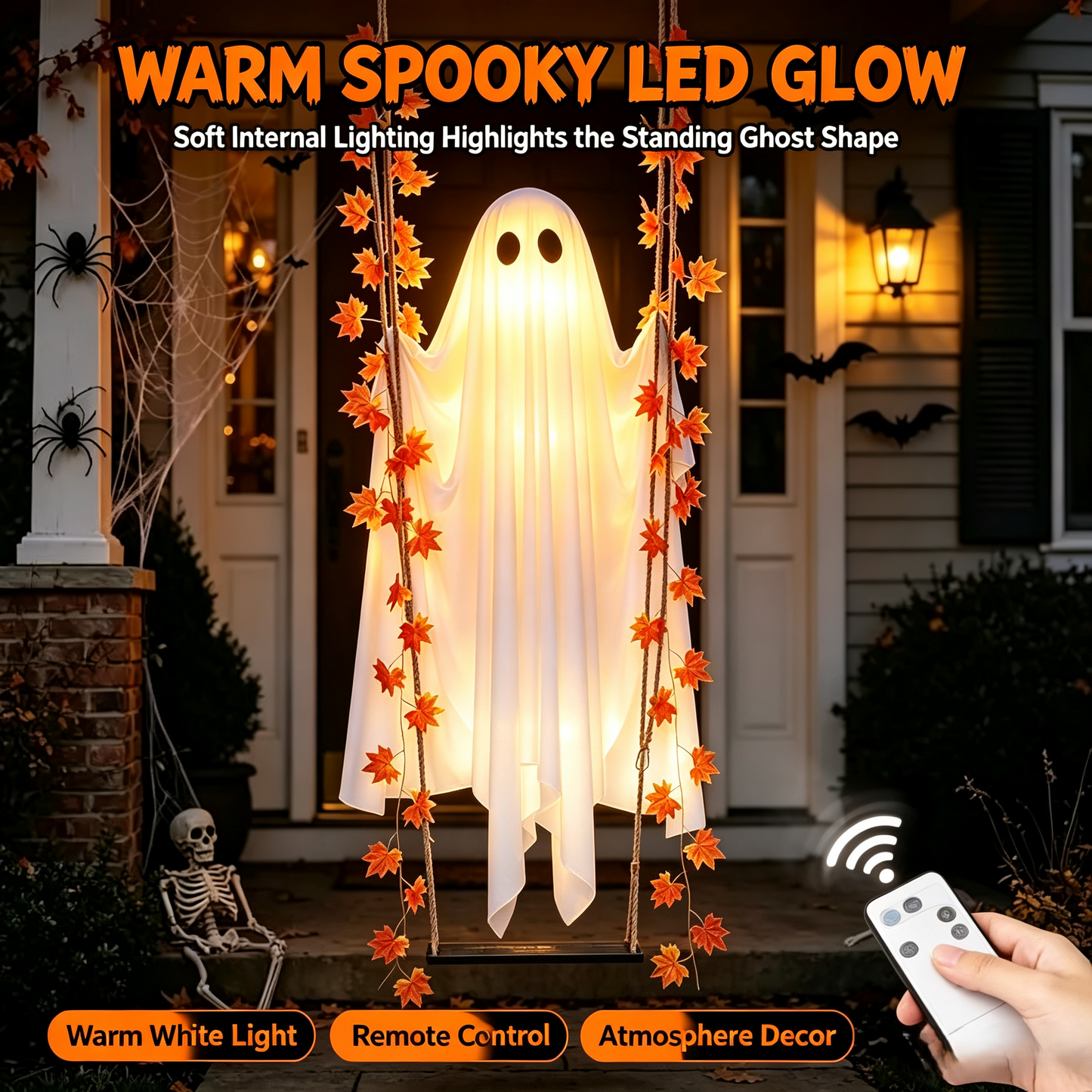 🔥Limited-time 50% Off👻✨LED Hanging Ghost Swing Decoration, 5FT Remote Controlled Halloween Outdoor Hanging Decor🎃