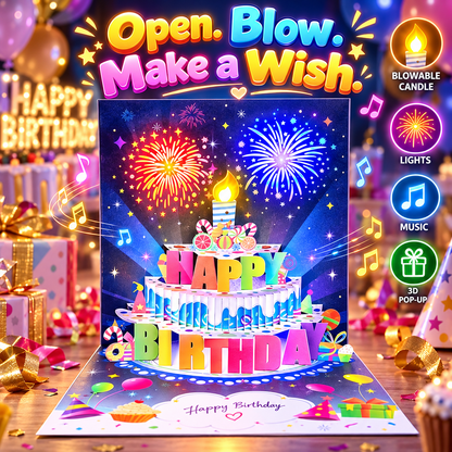 🎂Birthday Cards With Fireworks & Pop Up Cake & Blowable Light and Music
