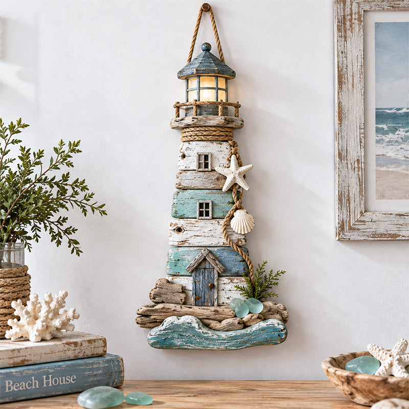 Coastal Driftwood Lighthouse Wall Decor displayed in a beach style home