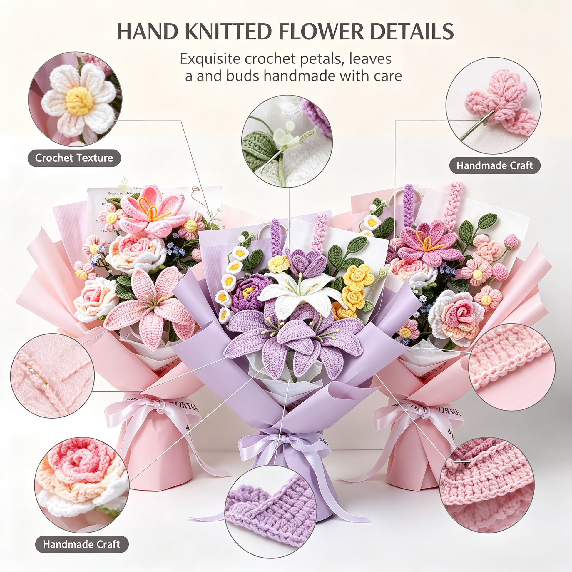 🌸✨Handmade Crochet Artificial Flower Bouquet, Long Lasting Yarn Floral Arrangement💐