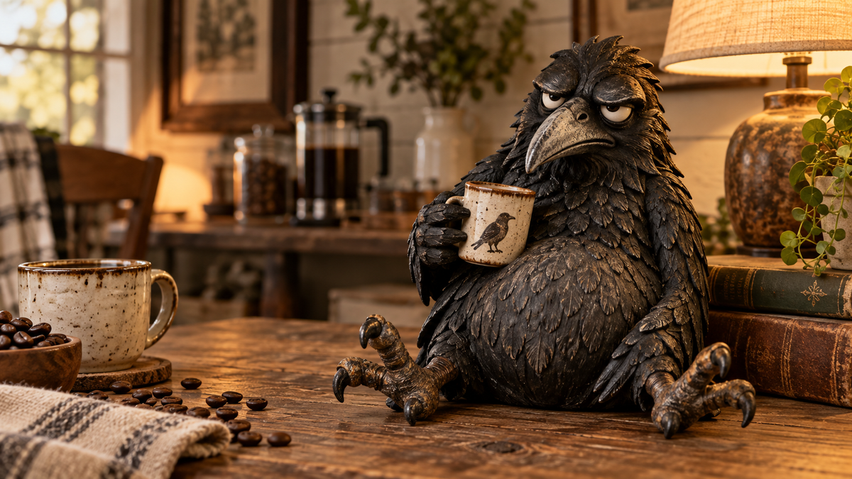 Grumpy raven coffee figurine on rustic coffee table