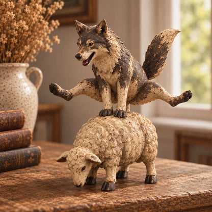 Funny Wolf Riding Sheep Figurine 🐺🐑 – Whimsical Rustic Farmhouse Animal Decor