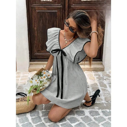 💙 Women’s Elegant Blue & White Striped V-Neck Dress