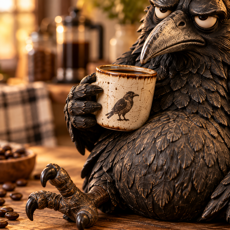 Raven figurine holding coffee mug