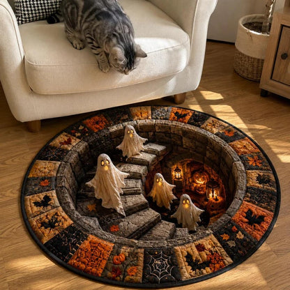 🔥 3D Skeleton Vortex Quilted Round Rug – Spooky Halloween Optical Illusion 👻