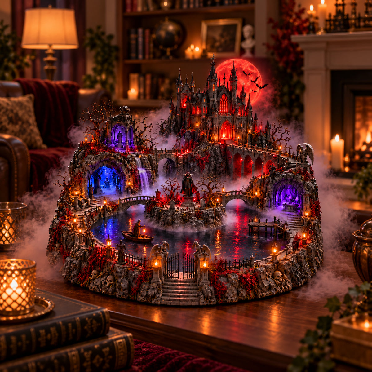 🔥 LAST DAY 49% OFF 🔥Crimson Moon Haunted Castle – Lighted Gothic Halloween Village🦇