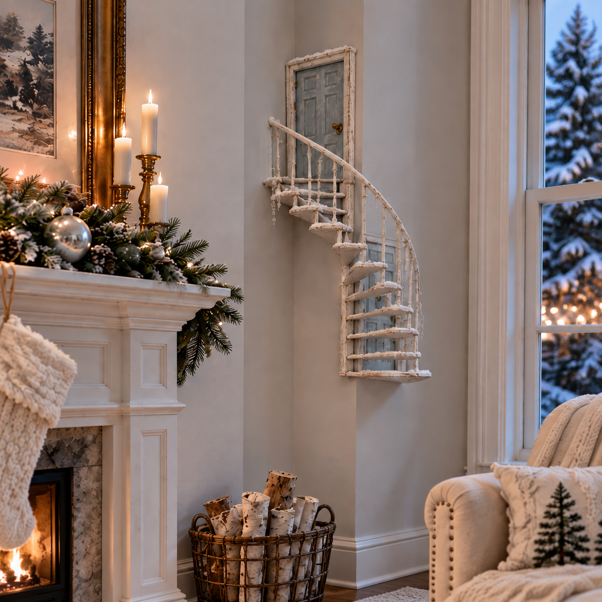 Winter fairy staircase wall decor without illumination, styled beside a classic fireplace