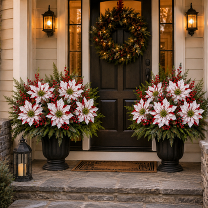 ❤️ Christmas Poinsettia Planter Inserts – Set of 6 Red & White Holiday Floral Picks